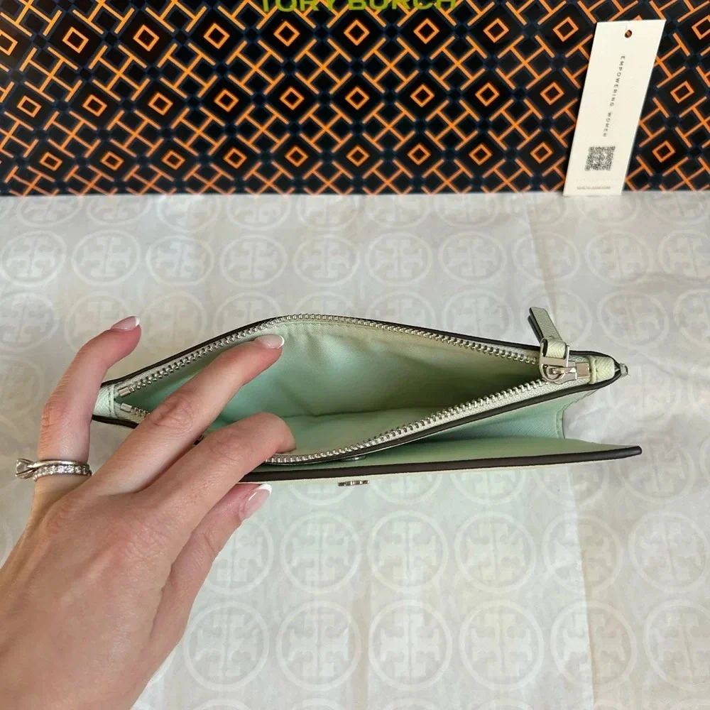 Tory Burch Emerson Slim Envelope Wallet Meadow Mist Silver Green